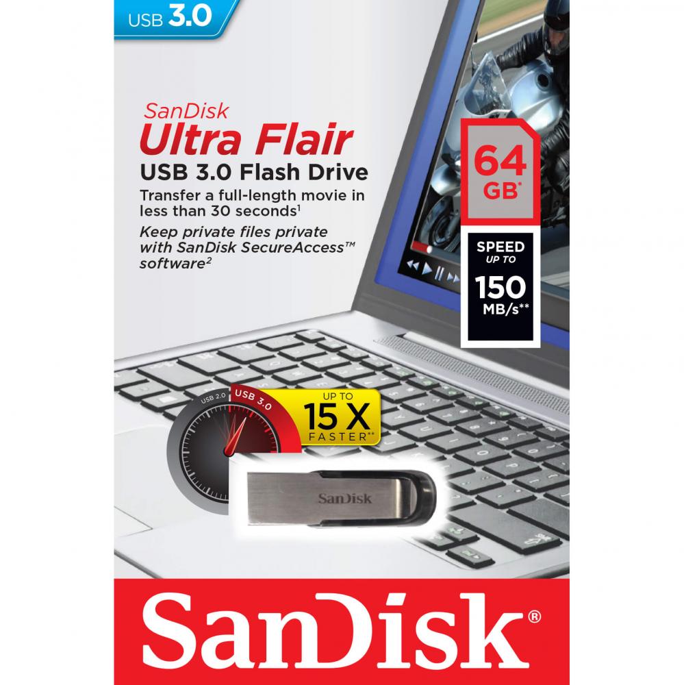 SanDisk SanDisk USB-minne 3.0 Ultra Flair 64GB 150MB/s - Teknikhallen.se