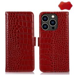 iPhone 15 Pro Fodral Läder Krokodil Textur Röd