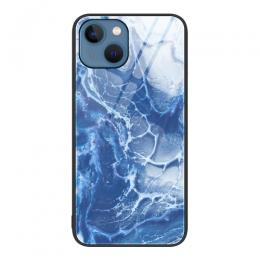 iPhone 14 Skal Marmor Härdat Glas Blått Hav