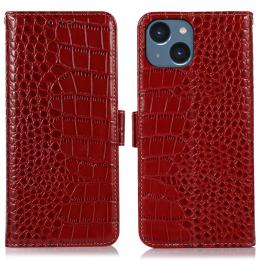 iPhone 15 Fodral RFID Äkta Läder Krokodil Textur Röd