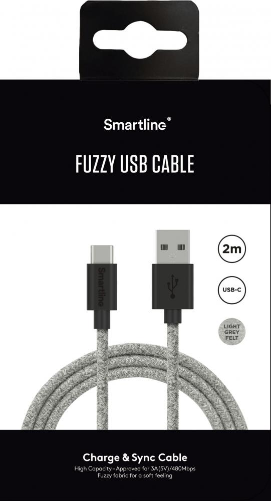 Smartline 2m 3A USB-C Fuzzy Laddningskabel Gr