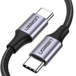 UGREEN Ugreen 1m 60W 3A USB-C - USB-C Flätad Nylon Kabel - Svart/Grå - Teknikhallen.se