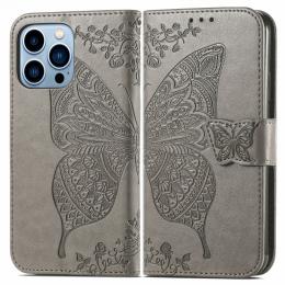 iPhone 13 Pro Max Fodral Butterfly Textur Läder Grå