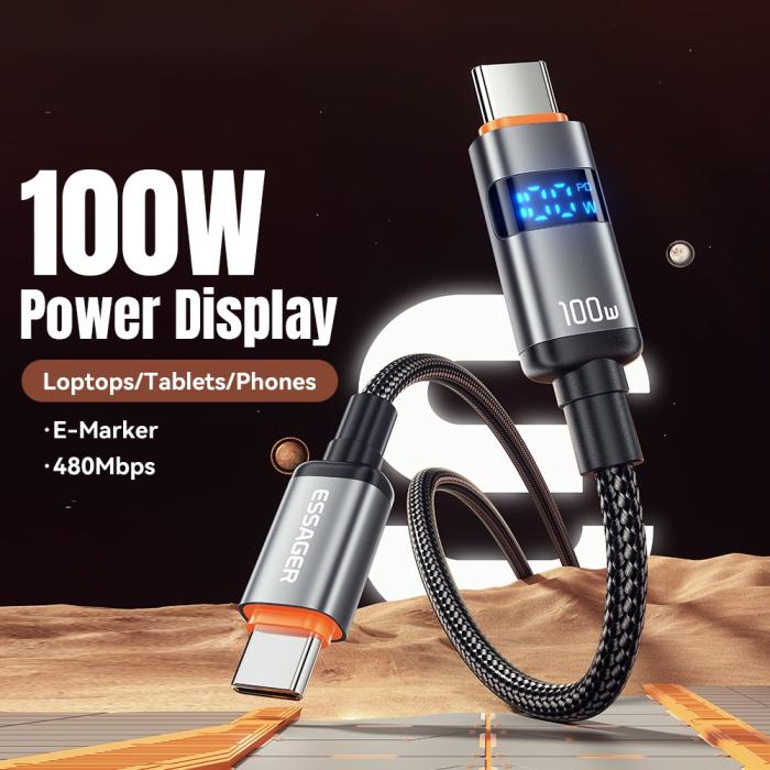 Bild 2, ESSAGER 1 m 100W 5A PD USB-C - USB-C Laddningskabel Svart
