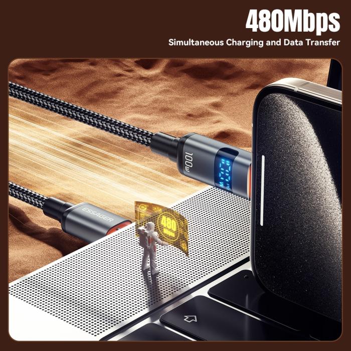 Bild 5, ESSAGER 1 m 100W 5A PD USB-C - USB-C Laddningskabel Svart