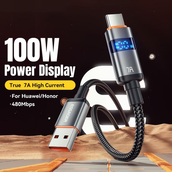 Bild 2, ESSAGER 1 m 100W 7A USB-C Laddningskabel Svart