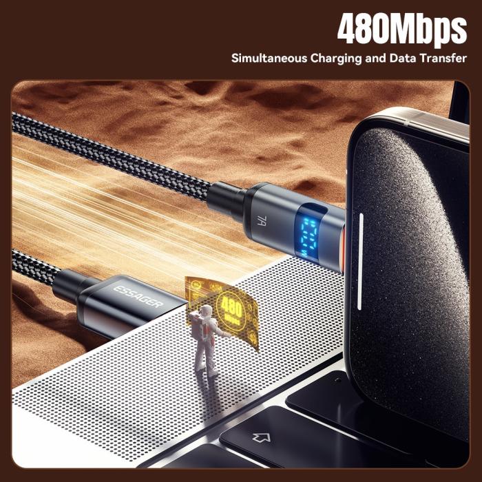 Bild 5, ESSAGER 1 m 100W 7A USB-C Laddningskabel Svart