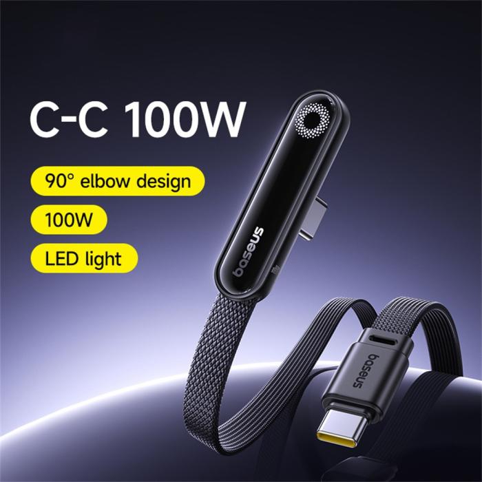 Bild 2, Baseus 1m 100W USB-C - USB-C Elbow Kabel Svart