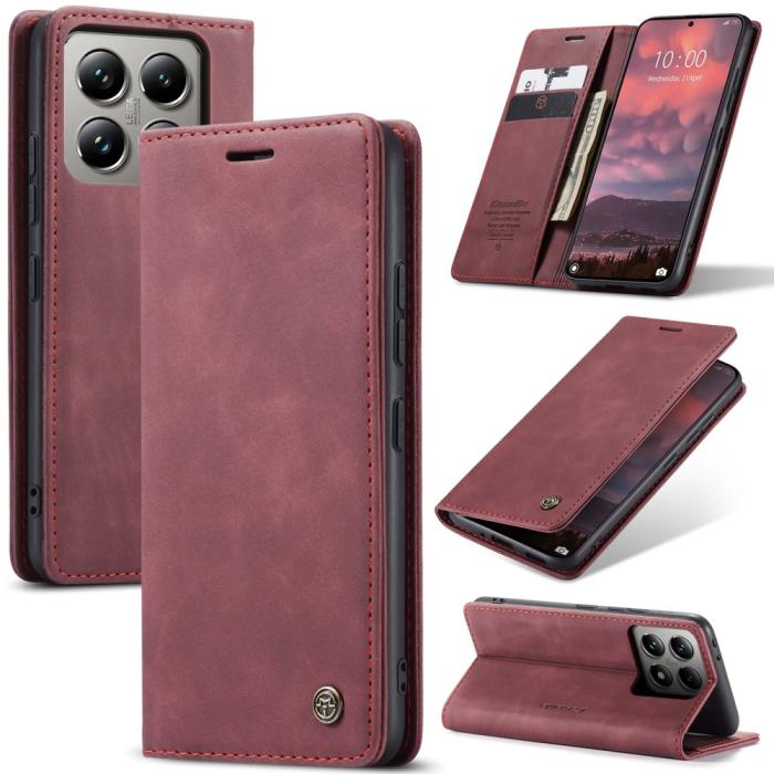 Bild 1, CASEME Xiaomi 14T Pro Fodral Flip Läder Vinröd
