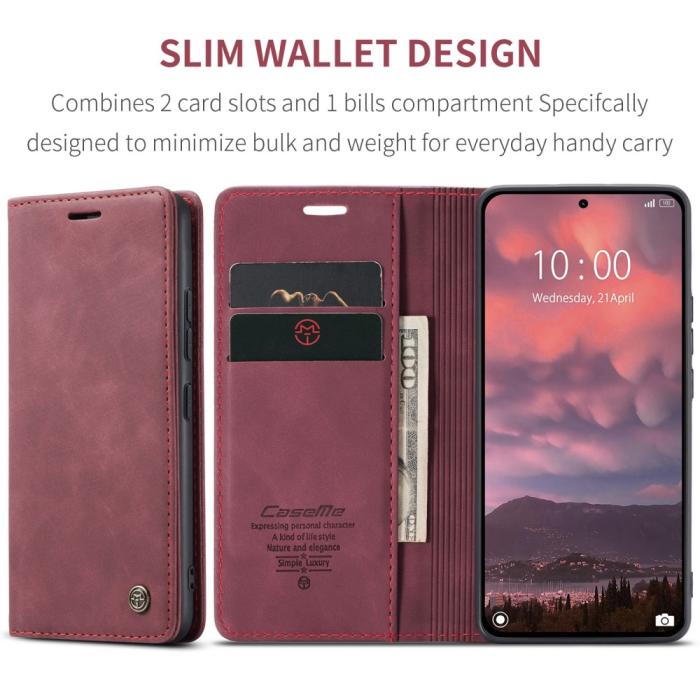 Bild 6, CASEME Xiaomi 14T Pro Fodral Flip Läder Vinröd
