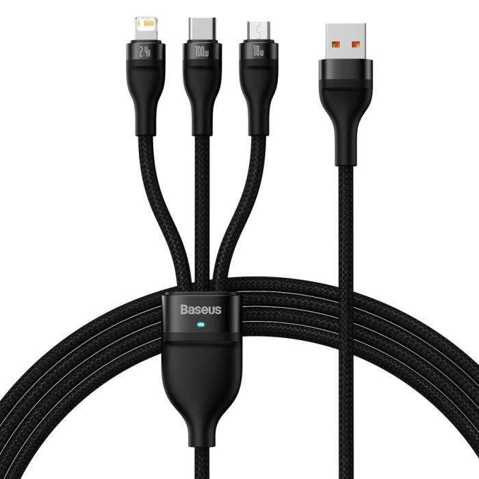 Bild 1, BASEUS 1.2 m 100W 3in1 USB-C/Lightning/MicroUSB Svart