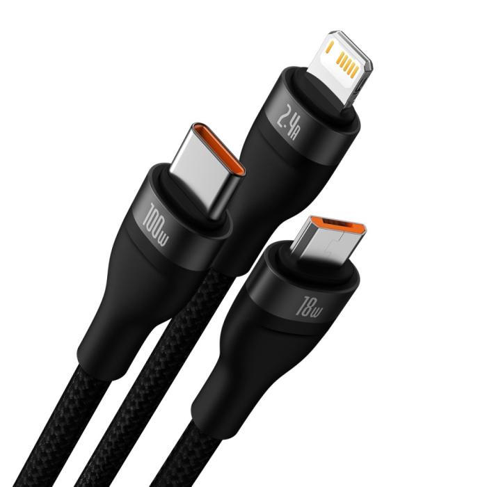 Bild 2, BASEUS 1.2 m 100W 3in1 USB-C/Lightning/MicroUSB Svart