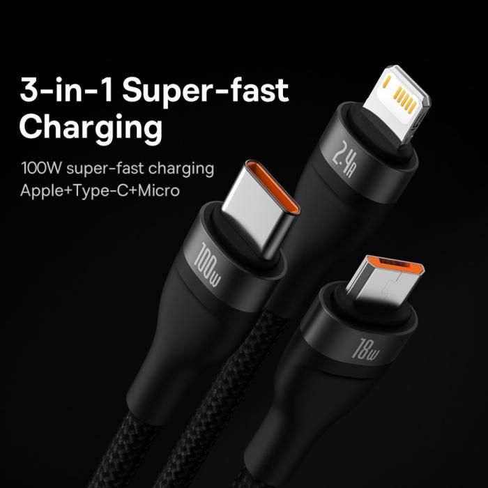 Bild 4, BASEUS 1.2 m 100W 3in1 USB-C/Lightning/MicroUSB Svart