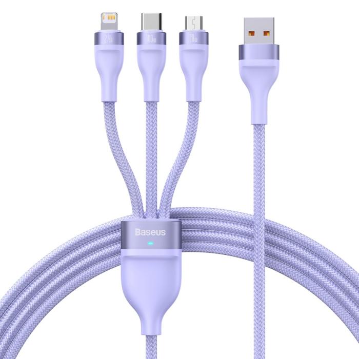 Bild 1, BASEUS 1.2 m 100W 3in1 USB-C/Lightning/MicroUSB Lila