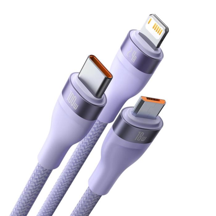 Bild 2, BASEUS 1.2 m 100W 3in1 USB-C/Lightning/MicroUSB Lila