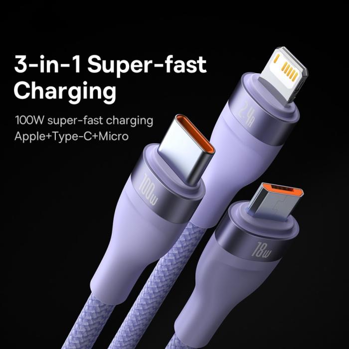Bild 4, BASEUS 1.2 m 100W 3in1 USB-C/Lightning/MicroUSB Lila