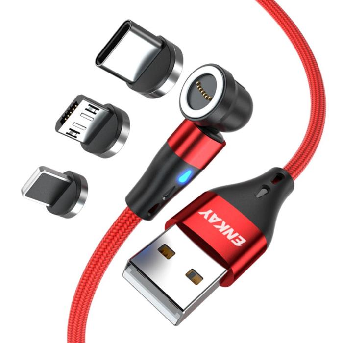 Bild 1, ENKAY 2m 3in1 USB-C / Lightning / MicroUSB 360° Magnetkabel Röd