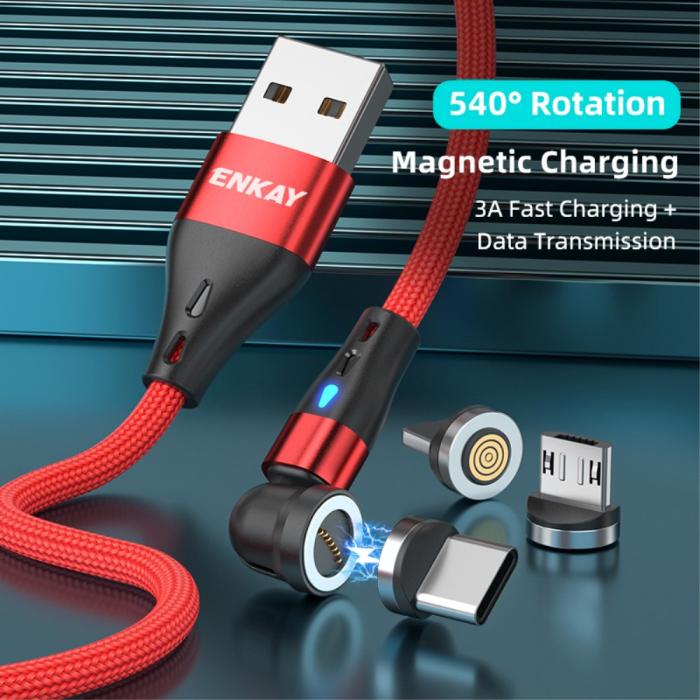 Bild 2, ENKAY 2m 3in1 USB-C / Lightning / MicroUSB 360° Magnetkabel Röd