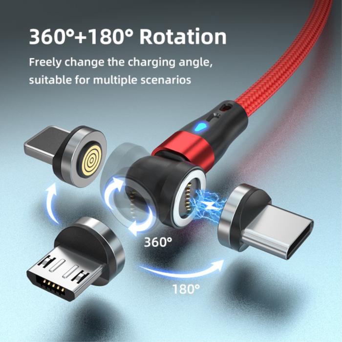 Bild 3, ENKAY 2m 3in1 USB-C / Lightning / MicroUSB 360° Magnetkabel Röd