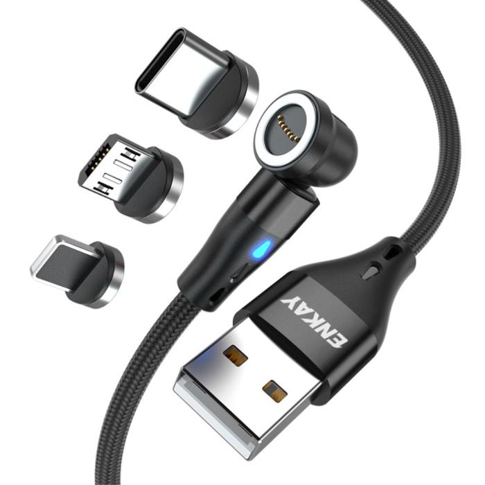 Bild 1, ENKAY 2m 3in1 USB-C / Lightning / MicroUSB 360° Magnetkabel Svart