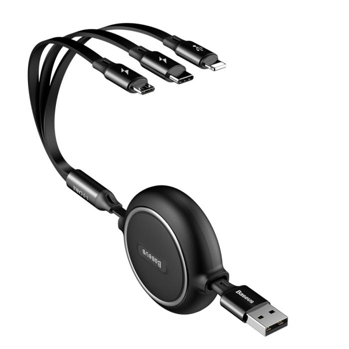Bild 1, Basues 1.2 m 3in1 USB-C / Lightning / MicroUSB Retractable Svart
