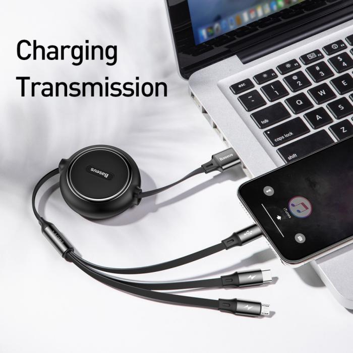 Bild 2, Basues 1.2 m 3in1 USB-C / Lightning / MicroUSB Retractable Svart