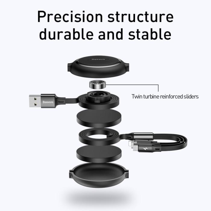 Bild 3, Basues 1.2 m 3in1 USB-C / Lightning / MicroUSB Retractable Svart