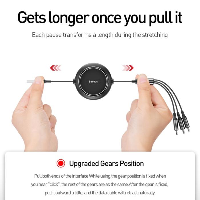 Bild 4, Basues 1.2 m 3in1 USB-C / Lightning / MicroUSB Retractable Svart