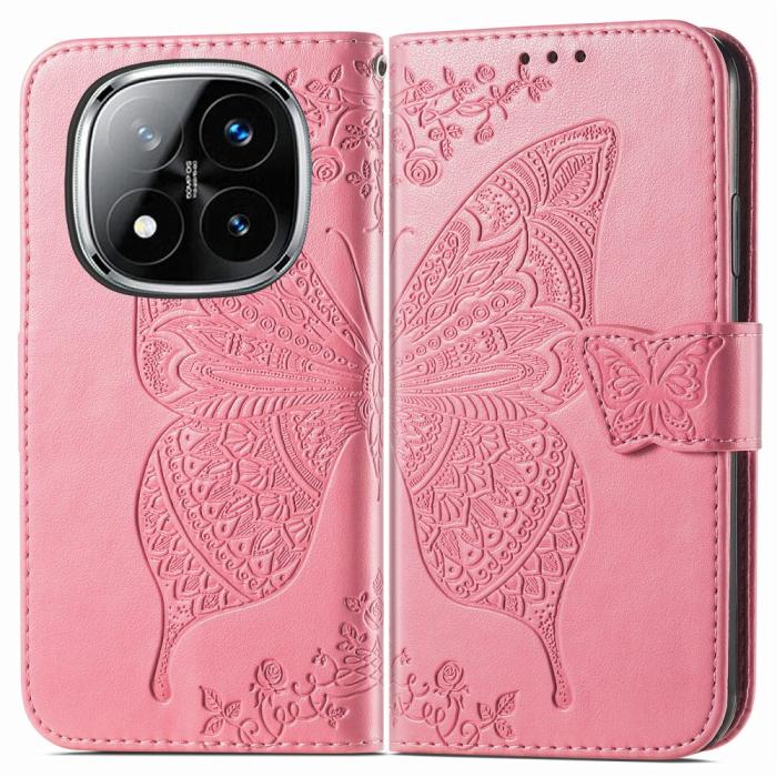 Bild 1, Xiaomi Redmi Note 14 Pro 5G Fodral Läder Fjäril Tryck Rosa