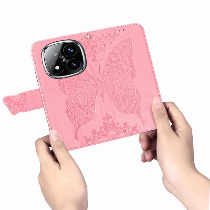 Bild 4, Xiaomi Redmi Note 14 Pro 5G Fodral Läder Fjäril Tryck Rosa