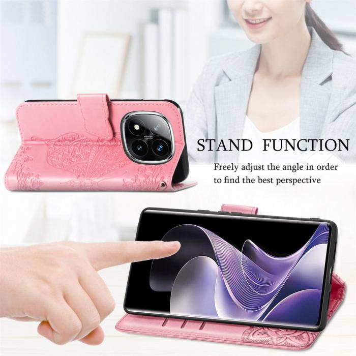 Bild 5, Xiaomi Redmi Note 14 Pro 5G Fodral Läder Fjäril Tryck Rosa