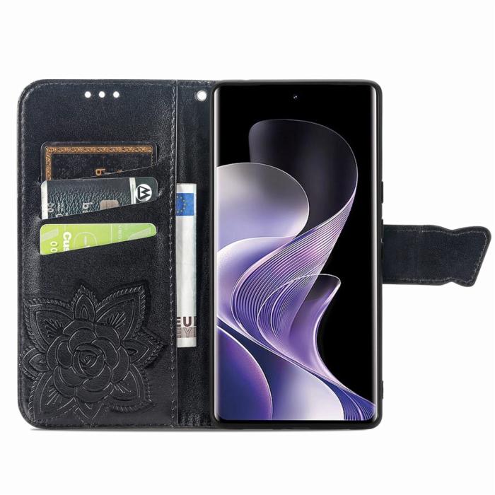 Bild 2, Xiaomi Redmi Note 14 Pro 5G Fodral Läder Fjäril Tryck Svart