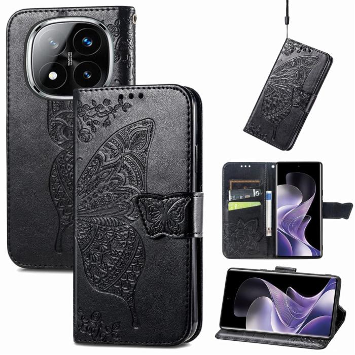 Bild 5, Xiaomi Redmi Note 14 Pro 5G Fodral Läder Fjäril Tryck Svart