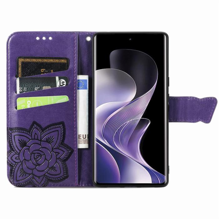 Bild 2, Xiaomi Redmi Note 14 Pro 5G Fodral Läder Fjäril Tryck Mörk Lila