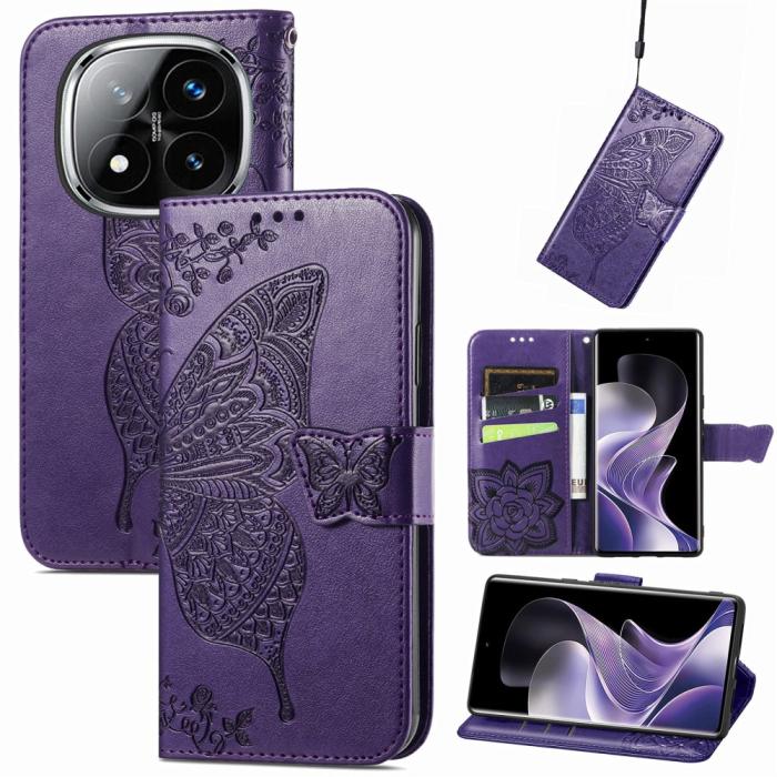 Bild 4, Xiaomi Redmi Note 14 Pro 5G Fodral Läder Fjäril Tryck Mörk Lila