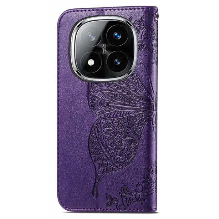 Bild 6, Xiaomi Redmi Note 14 Pro 5G Fodral Läder Fjäril Tryck Mörk Lila