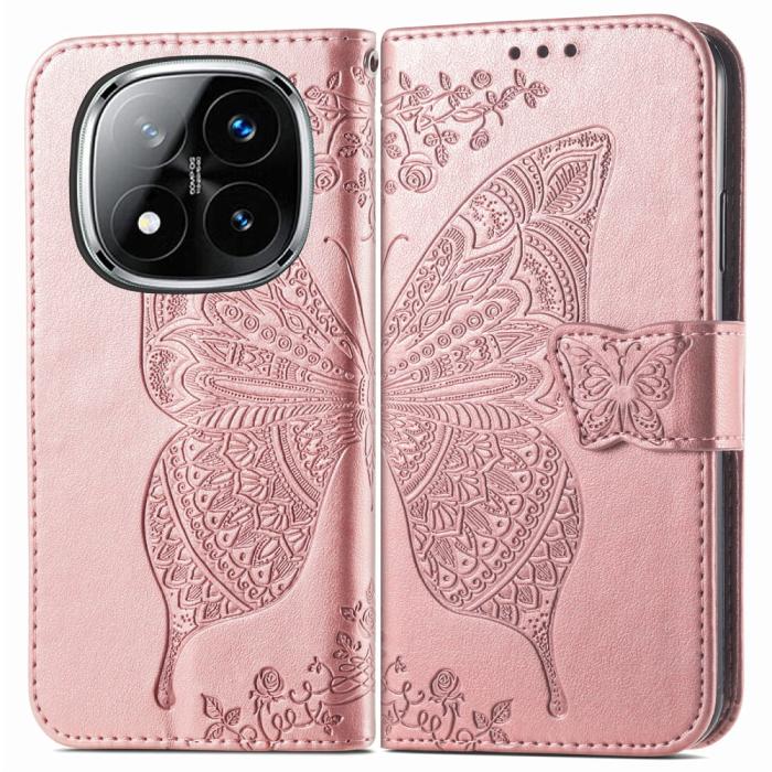 Bild 1, Xiaomi Redmi Note 14 Pro 5G Fodral Läder Fjäril Tryck Roséguld