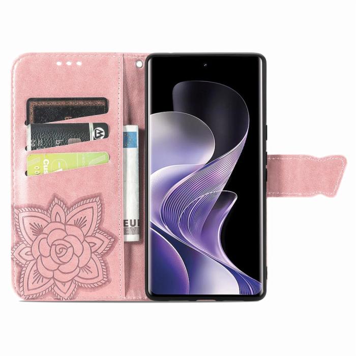 Bild 2, Xiaomi Redmi Note 14 Pro 5G Fodral Läder Fjäril Tryck Roséguld