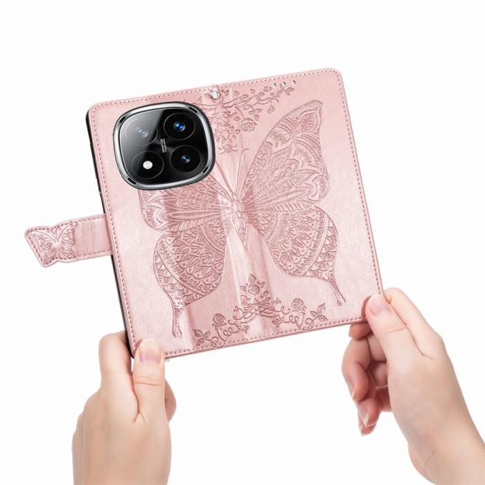 Bild 4, Xiaomi Redmi Note 14 Pro 5G Fodral Läder Fjäril Tryck Roséguld