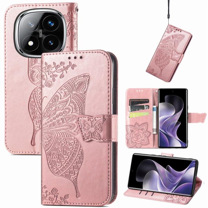 Bild 6, Xiaomi Redmi Note 14 Pro 5G Fodral Läder Fjäril Tryck Roséguld