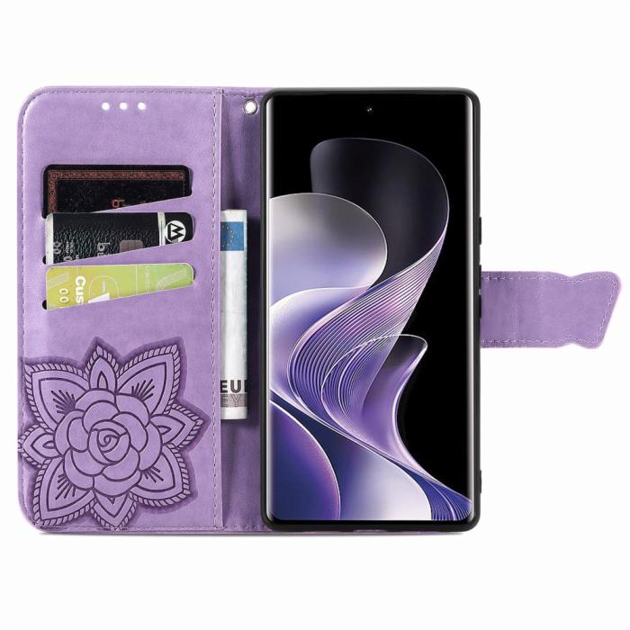 Bild 2, Xiaomi Redmi Note 14 Pro 5G Fodral Läder Fjäril Tryck Lila