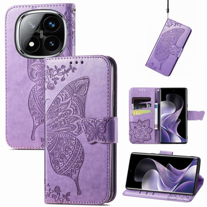 Bild 4, Xiaomi Redmi Note 14 Pro 5G Fodral Läder Fjäril Tryck Lila