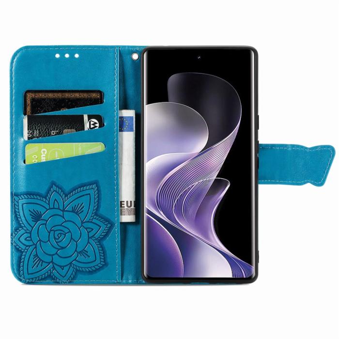 Bild 2, Xiaomi Redmi Note 14 Pro 5G Fodral Läder Fjäril Tryck Blå