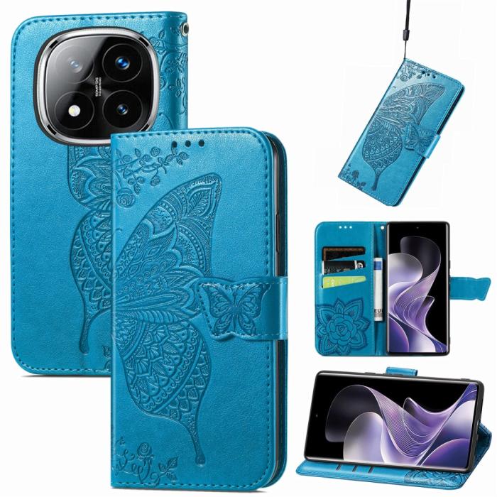 Bild 5, Xiaomi Redmi Note 14 Pro 5G Fodral Läder Fjäril Tryck Blå
