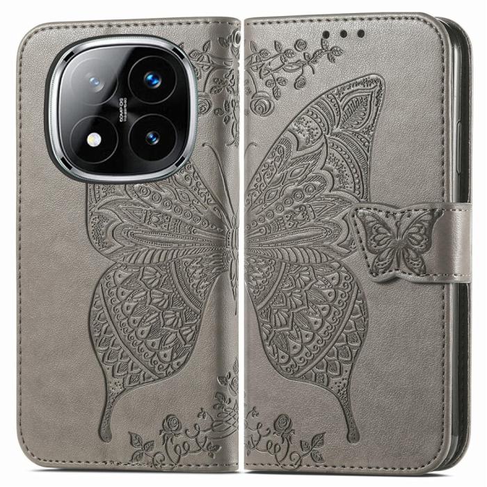 Bild 1, Xiaomi Redmi Note 14 Pro 5G Fodral Läder Fjäril Tryck Grå