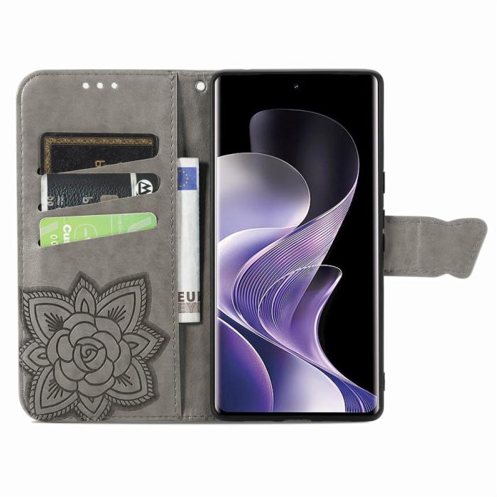 Bild 2, Xiaomi Redmi Note 14 Pro 5G Fodral Läder Fjäril Tryck Grå