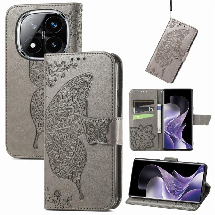 Bild 4, Xiaomi Redmi Note 14 Pro 5G Fodral Läder Fjäril Tryck Grå