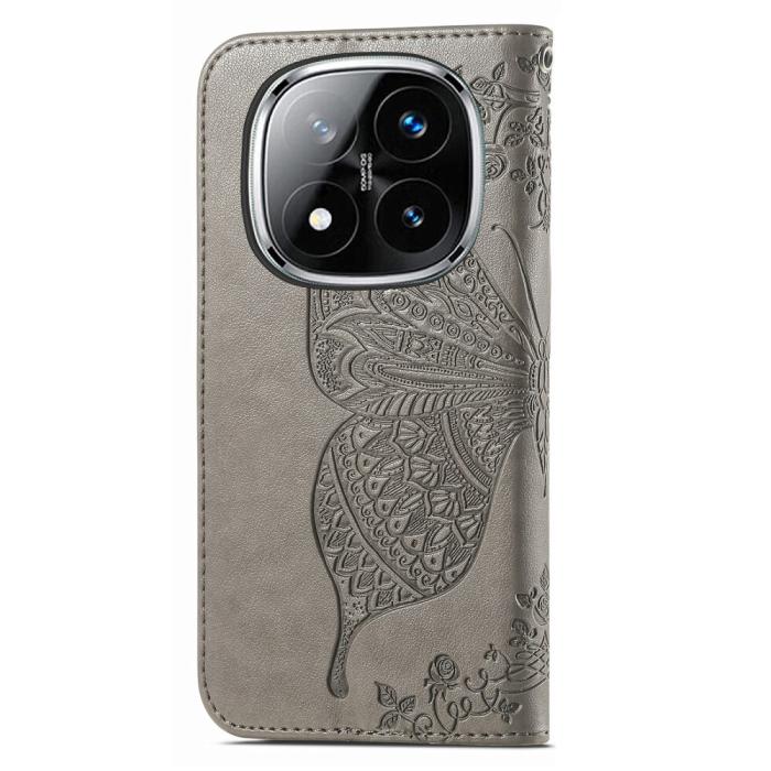 Bild 6, Xiaomi Redmi Note 14 Pro 5G Fodral Läder Fjäril Tryck Grå