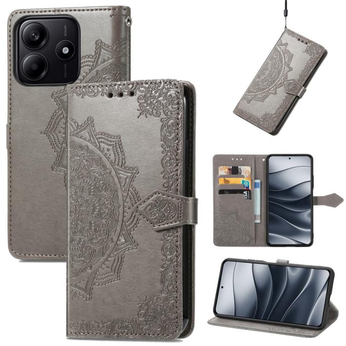Bild 4, Xiaomi Redmi Note 14 5G Fodral Läder Mandala Tryck Grå