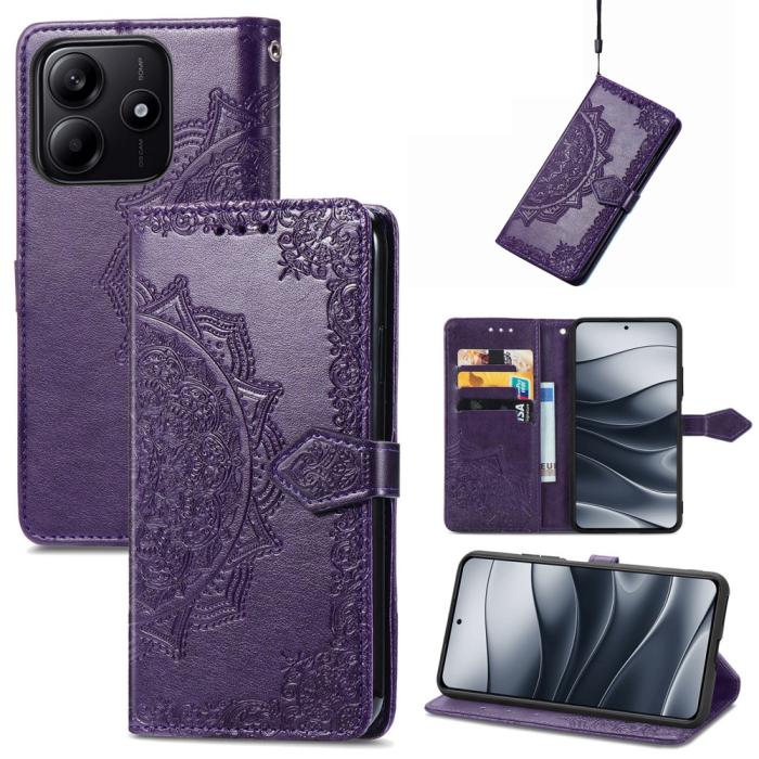 Bild 4, Xiaomi Redmi Note 14 5G Fodral Läder Mandala Tryck Mörk Lila